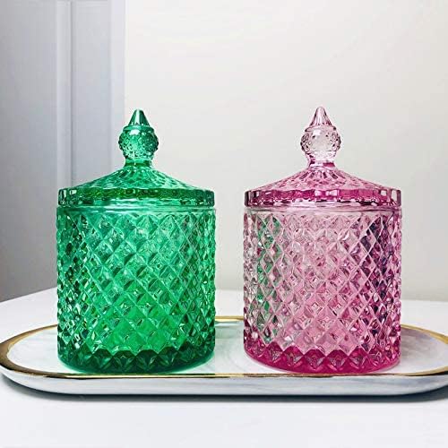 Sizikato Tarro de caramelo de cristal facetado de diamante con tapa, tarro decorativo colorido, joyero, soporte de almacenamiento de hisopos de