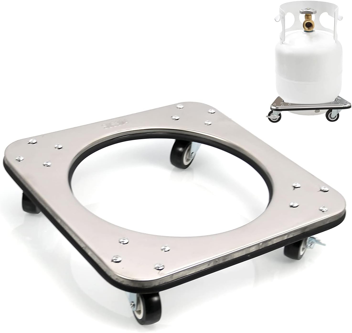 KOBSAINF Base de cilindro de propano movible 304,Soporte de tanque de propano con rueda de freno, estante fijo de cilindro de gas de 5-30 ib para