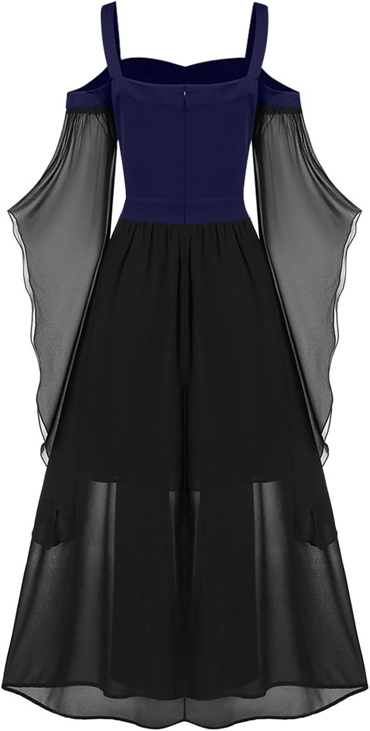 Vestido gótico para mujer, con hombros descubiertos, manga de mariposa, con cordones, vestido de Halloween, vestido medieval renacentista