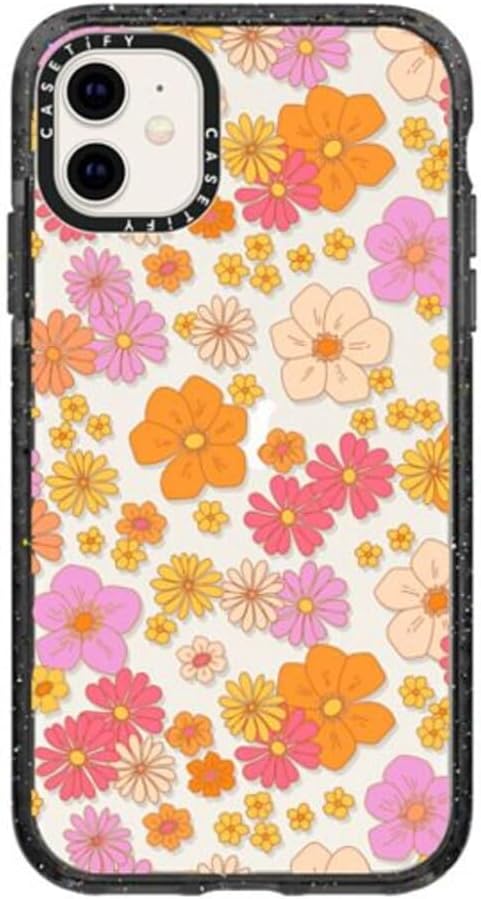 CASETiFY Impact – Funda para iPhone 11, diseño retro bohemio de flores hippie (6070 con diseño floral sobre fondo transparente), color negro