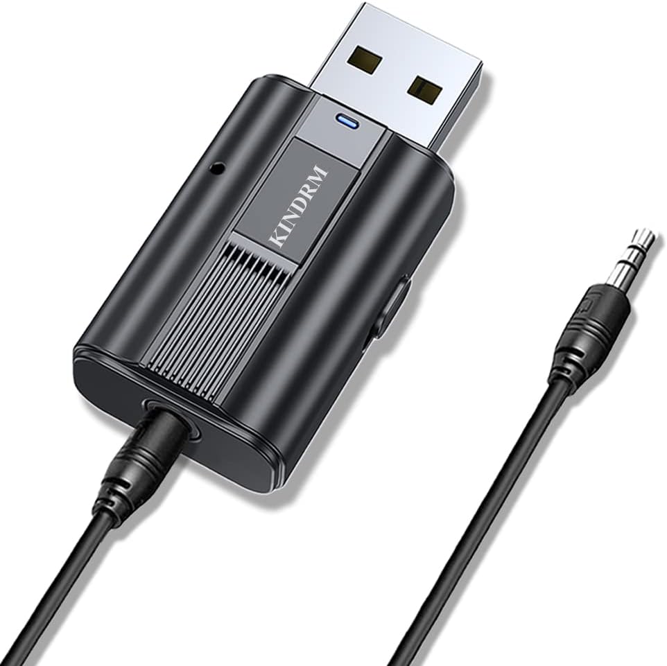 KINDRM – Transmisor receptor auxiliar Bluetooth V5.0, adaptador de audio inalámbrico de baja latencia 2 en 1 alimentado por USB para PC, TV,
