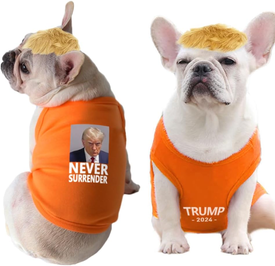 Trump Never Surrender – Disfraz de perro con peluca, linda camisa de Halloween para mascotas, chaleco de fotos de la prisión de Trump, para