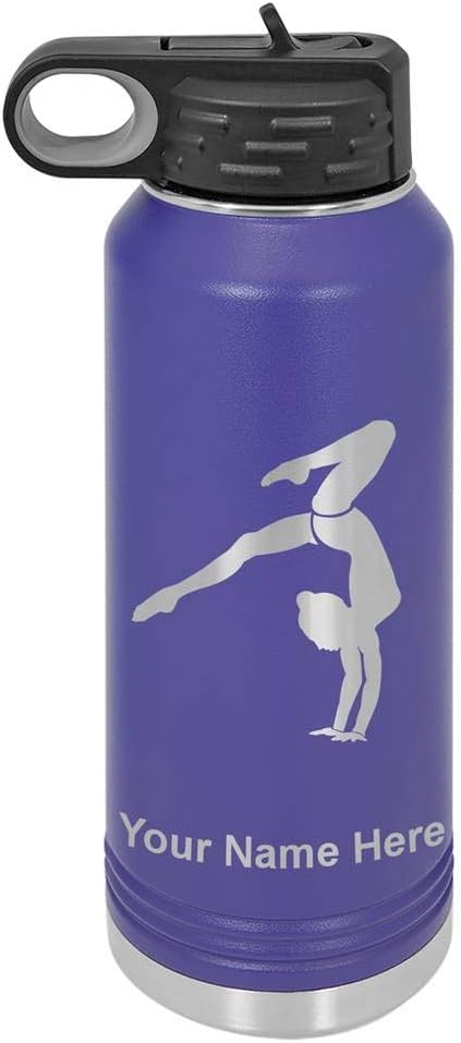 LaserGram Botella de agua de doble pared con tapa abatible de 40 onzas con pajilla, soporte de mano para gimnasta, grabado personalizado incluido