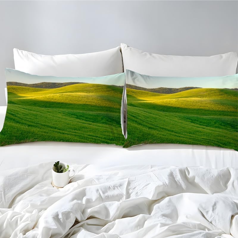 Juego de funda de edredón tamaño individual de hierba verde oscuro, estampado de vistas, funda de edredón de microfibra suave y 2 fundas de almohada