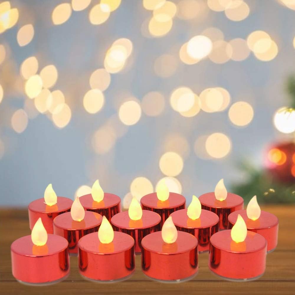 BANBERRY DESIGNS Velas de té LED rojas, juego de 12 velas de té rojas metálicas sin llama, funciona con pilas, decoración de mesa para bodas,