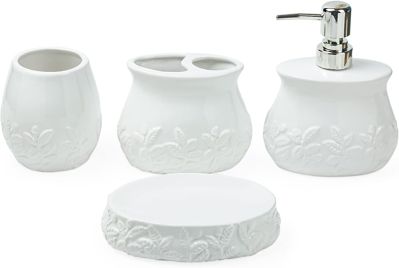 Juego de accesorios de baño de hojas en relieve de cerámica, conjunto de baño de 4 piezas con soporte para cepillos de dientes, taza para cepillos