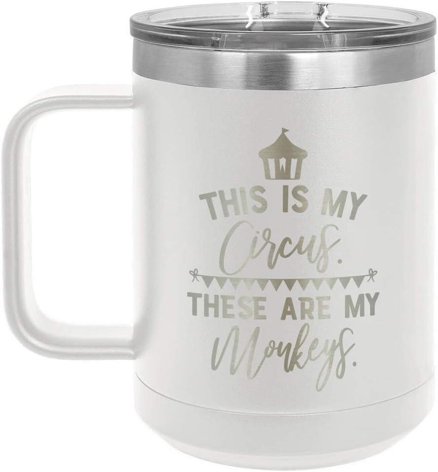 ONLYGIFTS.COM – Taza de café con tapa deslizante (13.0fl oz), diseño con texto en inglés “This is my circus these are my monkeys”, Blanco