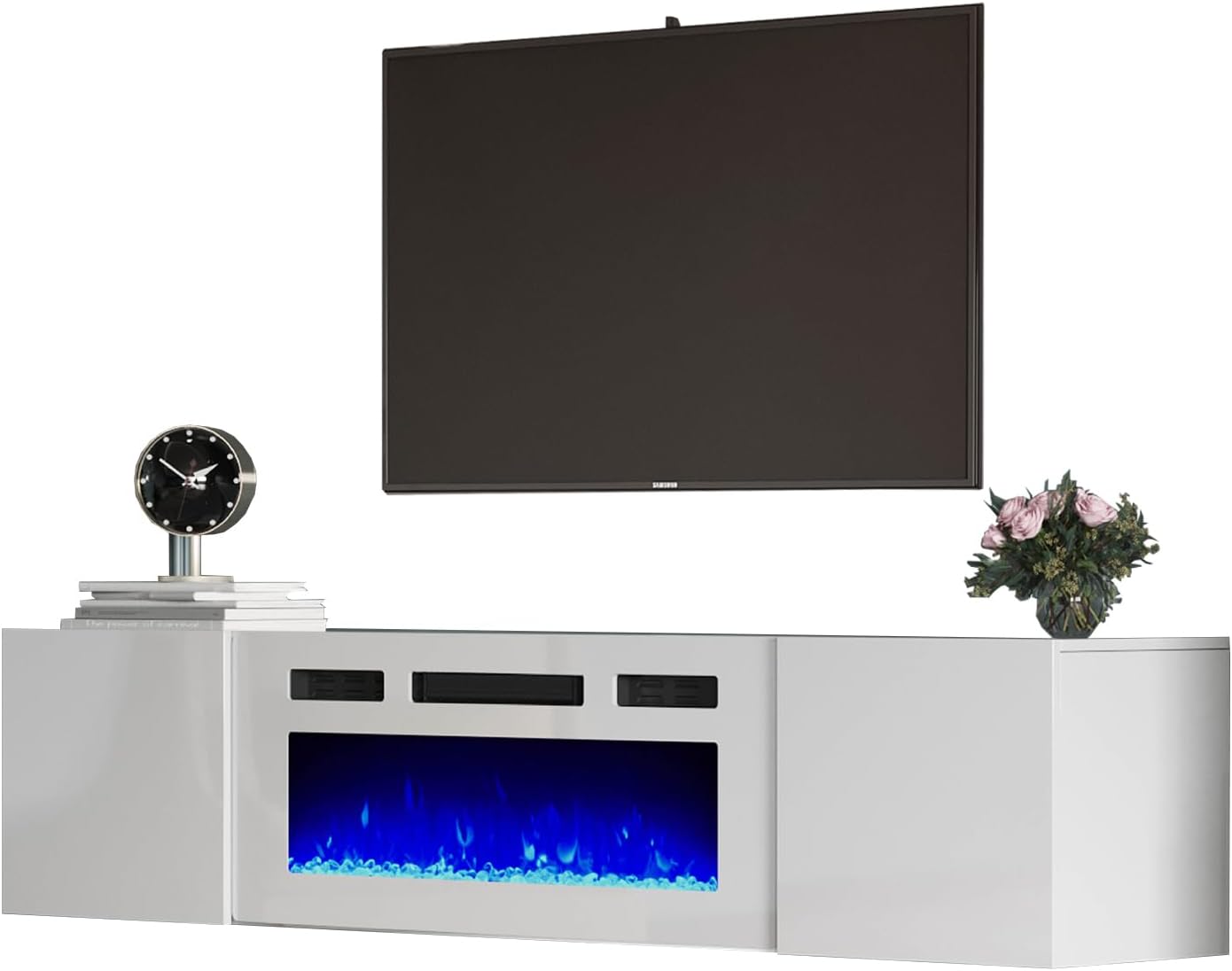 AMERLIFE Soporte de TV flotante con chimenea eléctrica de 36 pulgadas, acabado brillante, centro de entretenimiento con chimenea con almacenamiento