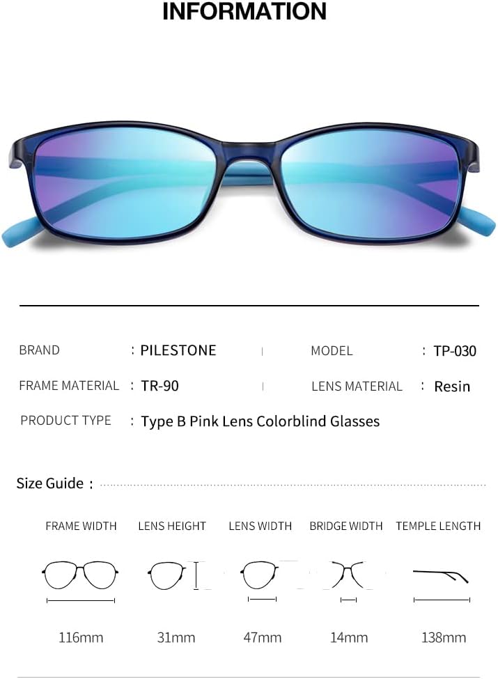 Pilestone TP-030 Lens B – Lentes para daltónico de color para niños de 10 años de edad, para ceguera roja y verde severa para uso en interiores y