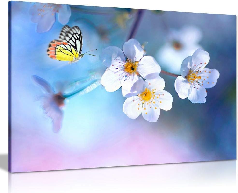 Beautiful Butterfly White Flowers Canvas Wall Art Picture Print (12×8)