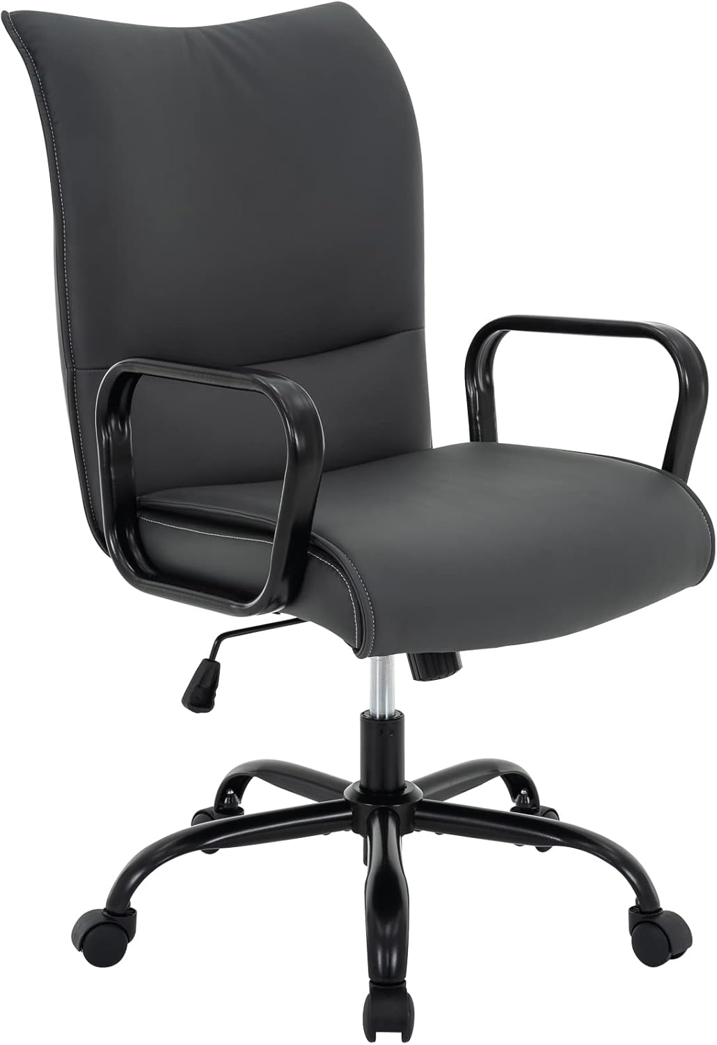 HFGI Living Silla de oficina en casa, moderna silla tapizada de piel sintética con brazos, silla de escritorio giratoria ajustable con ruedas (gris