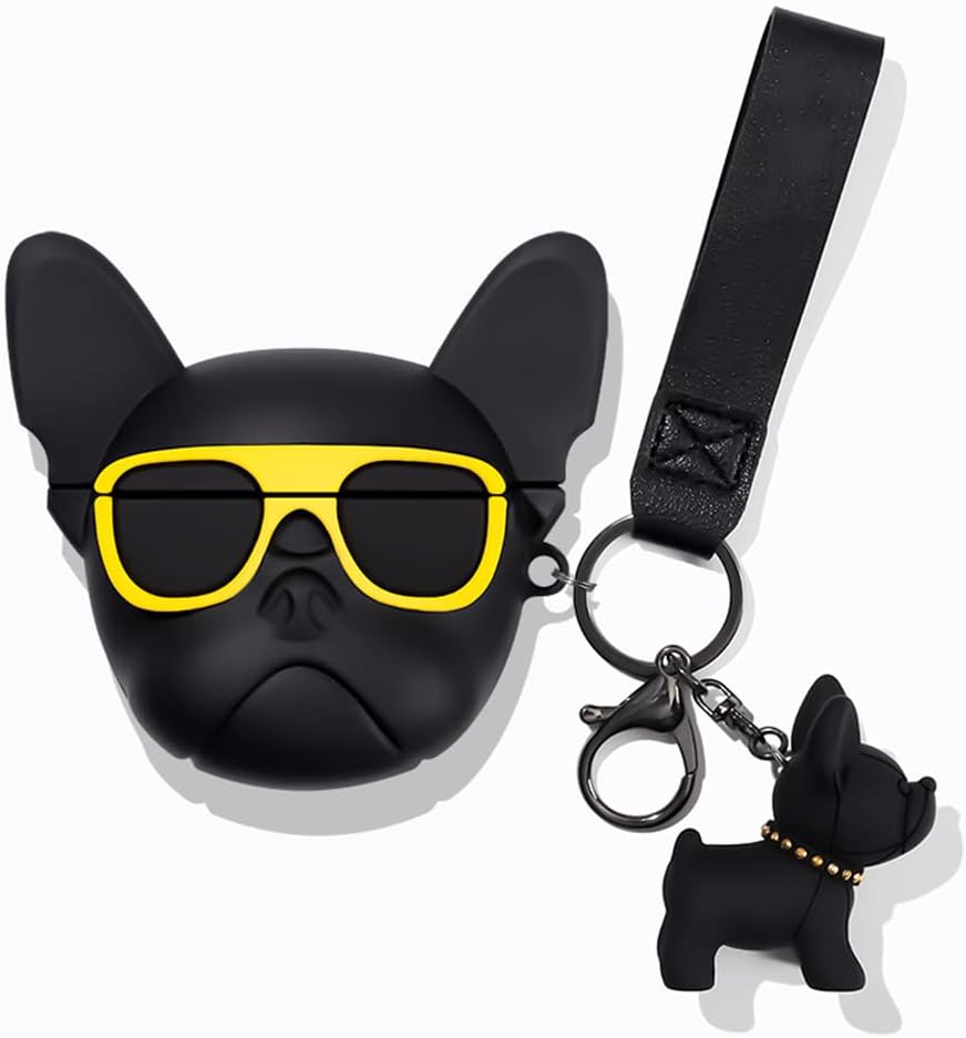 Compatible con Airpods 12, silicona 3D lindo bulldog con gafas amarillas divertido personaje de dibujos animados Airpod Cover Kawaii divertido
