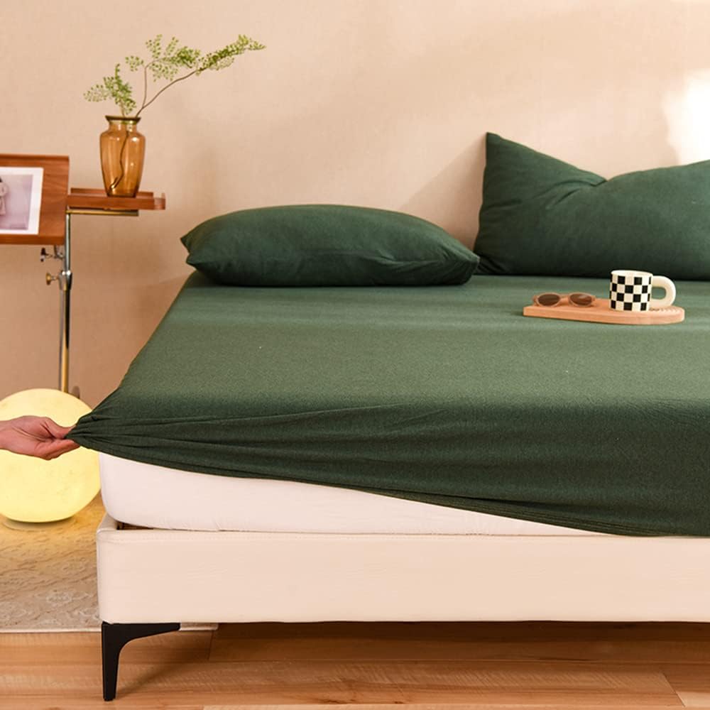Mengersi Juego de ropa de cama, material de algodón de punto jersey, bolsillos profundos, individual XL, verde bosque