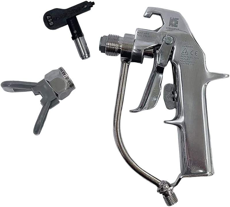 Cosmostar R2006 Pistola de pintura sin aire plateada para pulverizadores de pintura sin aire para aplicaciones de alta presión, gatillo de 2 dedos,