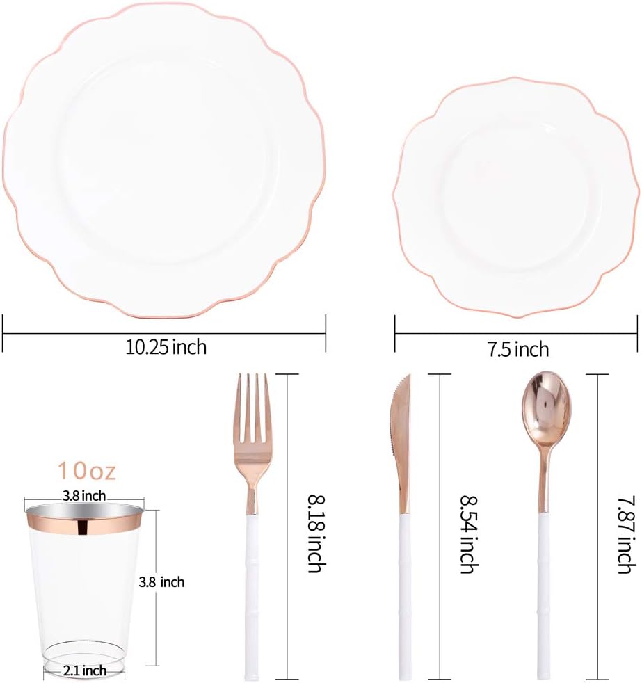 bUCLA 280 platos de plástico de oro blanco y rosa con cubiertos de plástico de oro rosa y vasos de plástico desechables y copas de champán de