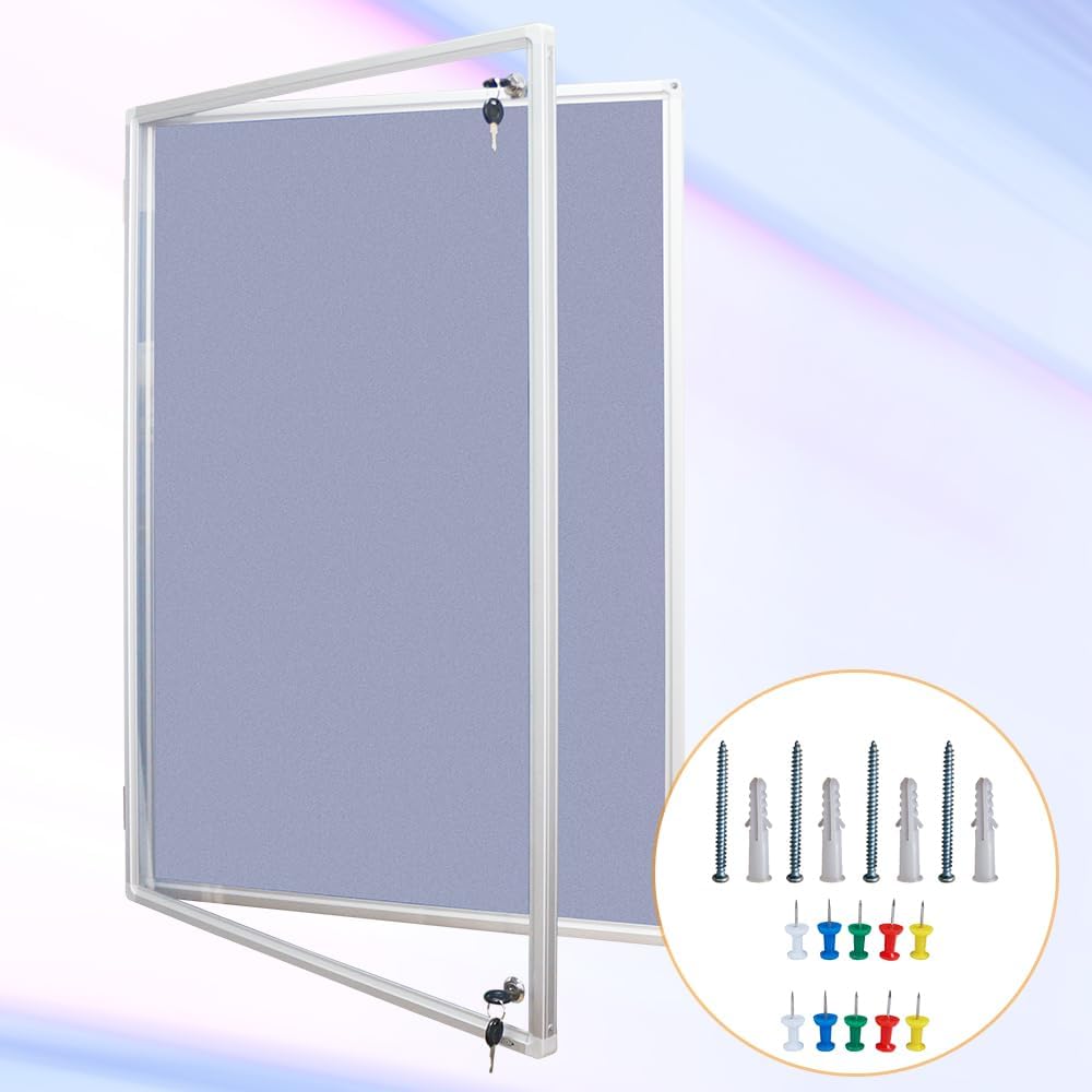 Tablero de fieltro de aluminio gris enmarcado de 36 x 24 pulgadas, tablero de anuncios de corcho con cerradura, resistente a la intemperie, para