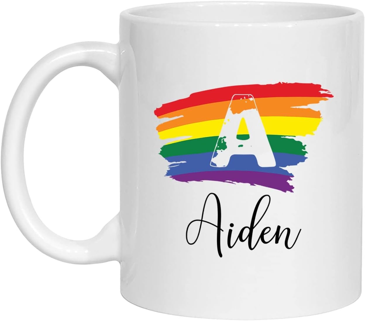 Taza de café personalizada con monograma con letra inicial, monograma de arco iris, taza con nombre personalizado para parejas LGBT lesbianas gay