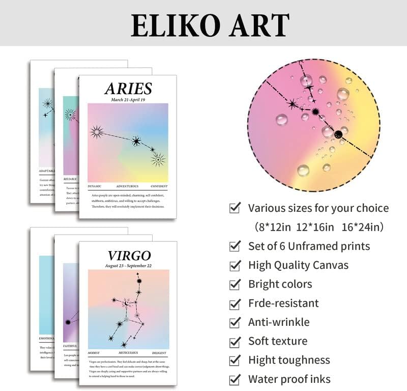 Juego de 6 pósteres de arte de pared impresos en lienzo de doce constelaciones, decoración de pared de astrología, decoración estética de