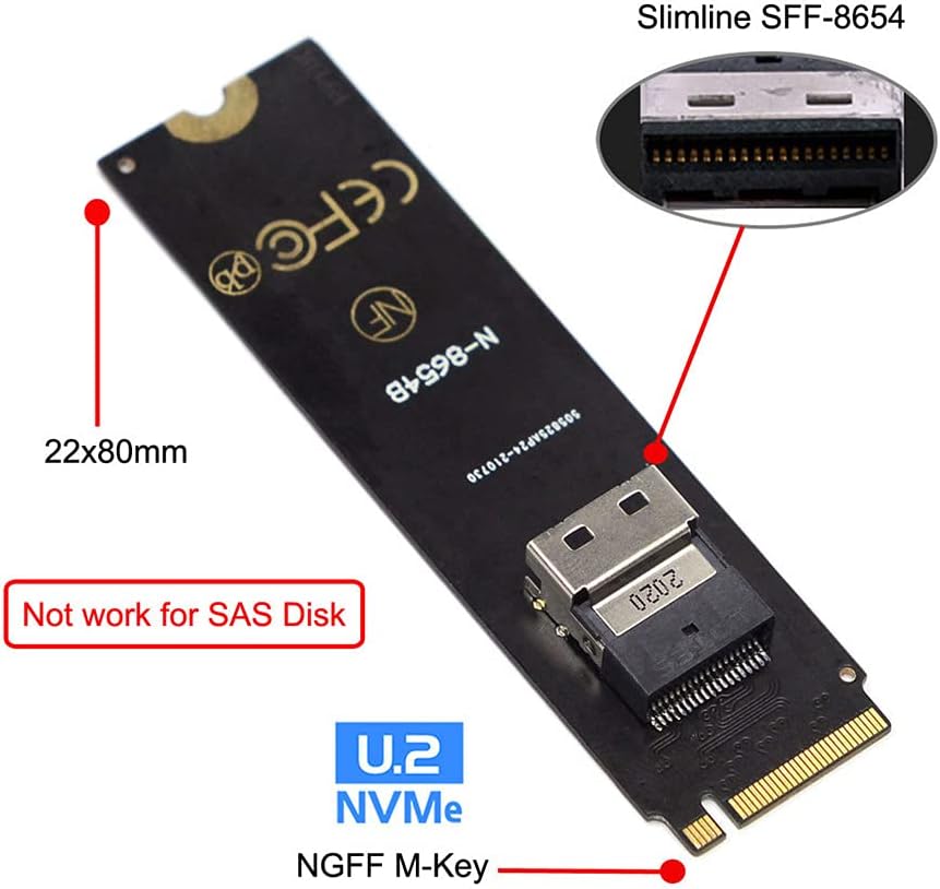 Xiwai NGFF M-Key NVME a SFF-8654 Adaptador de tarjeta SAS Slimline y U.2 U2 SFF-8639 NVME PCIe SSD Cable para placa base SSD