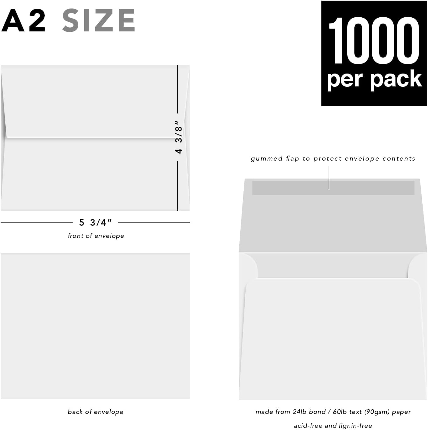 Sobres blancos A2, perfectos para tarjetas de felicitación de 4.25 x 5.5, invitaciones de boda, postales, fotos, solapa cuadrada engomada, paquete a