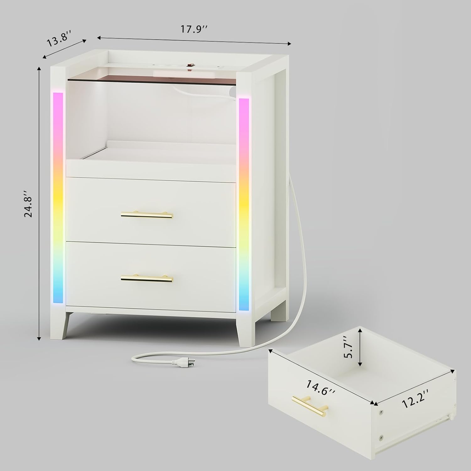 Mesita de noche con estación de carga, luces LED, mesita de noche con estante extraíble y 2 cajones, mesita de noche con mesa de vidrio templado,