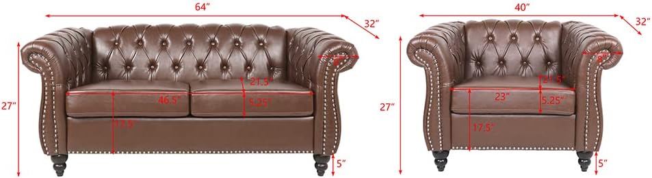 RARZOE Juego de 2 muebles de sala de estar, moderno y contemporáneo con botones copetudos, de piel sintética, para club, sofá de dos plazas