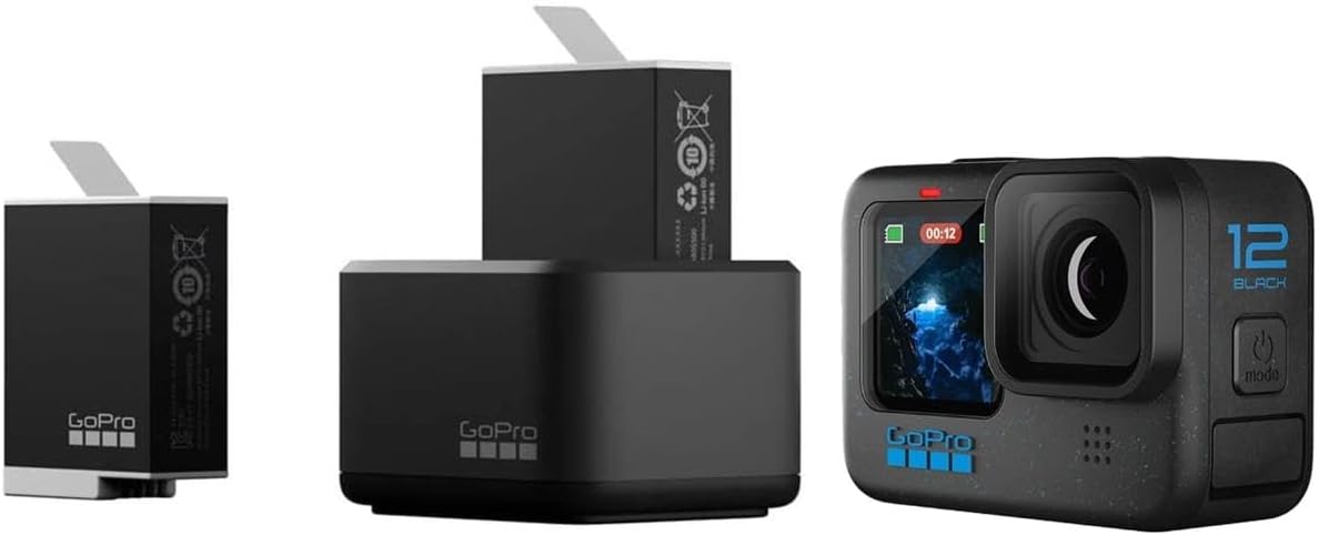 GoPro Paquete de cámara negra HERO12 cámara de acción impermeable con cargador de batería dual, 2 baterías de enduro, kit de aventura y tarjeta