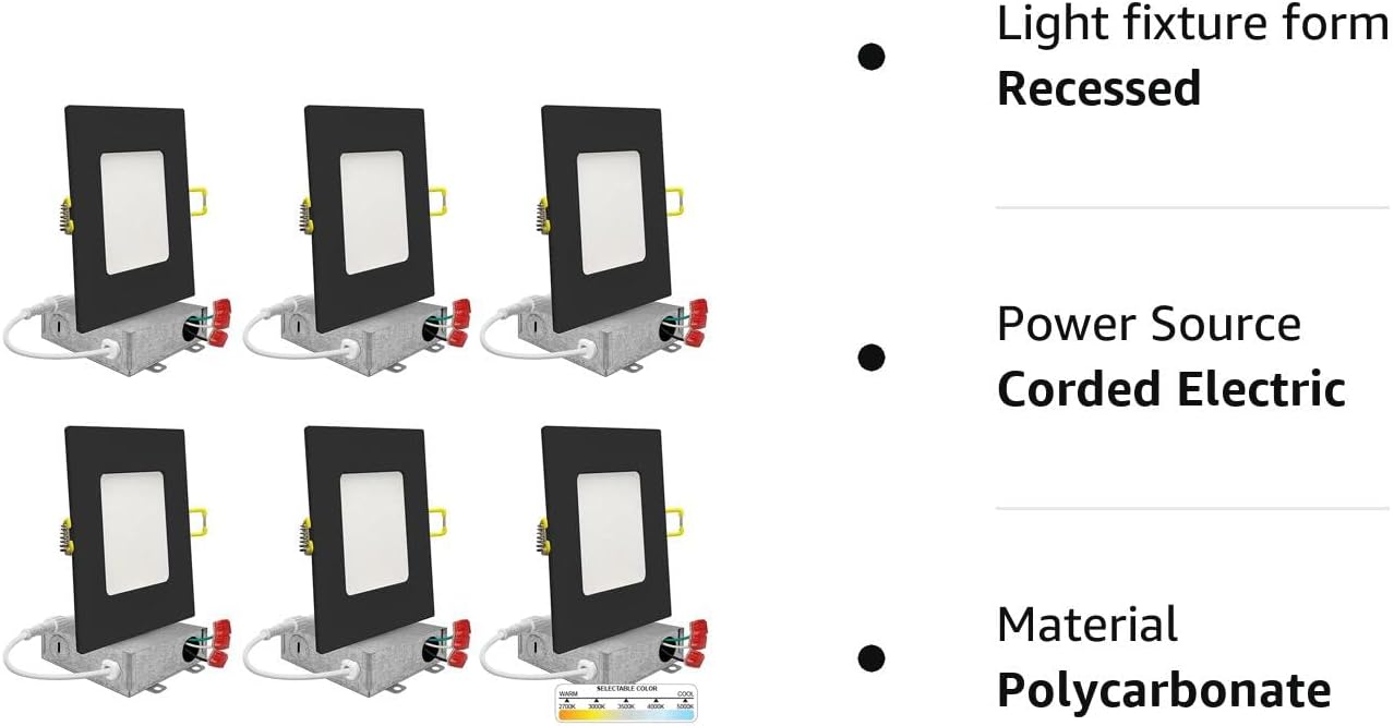 NUWATT Paquete de 6 luces LED empotrables cuadradas ultrafinas de 6 pulgadas, seleccionables 2700 K3000 K3500 K4000 K5000 K, alto brillo 1050