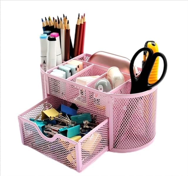Soporte para lápices organizador de escritorio con 9 compartimentos de malla metálica rosa claro