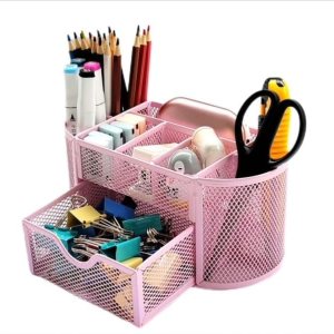 Soporte para lápices organizador de escritorio con 9 compartimentos de malla metálica rosa claro Soporte para lápices organizador de escritorio con 9 compartimentos de malla metálica rosa claro