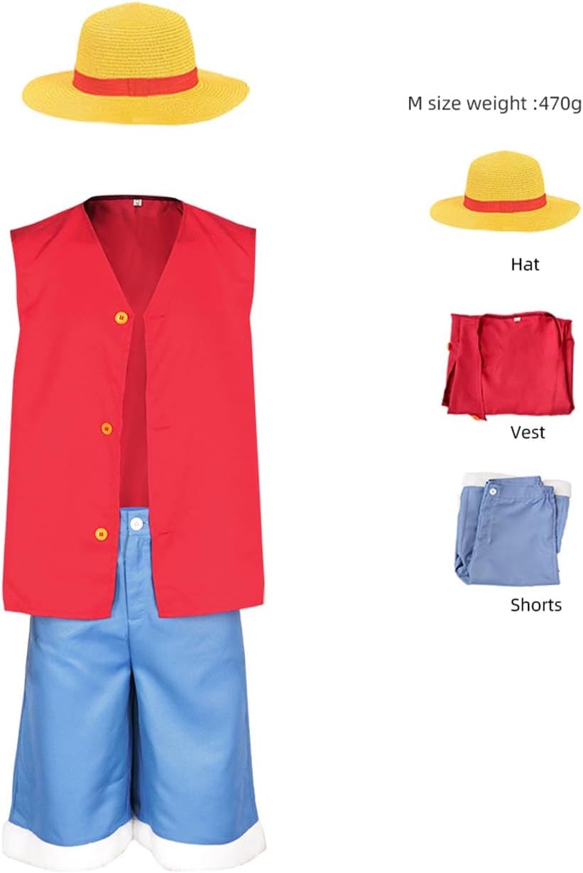 Disfraz de Luffy para niños, disfraz de anime de mono D Luffy, camisa para cosplay, pantalones, sombrero de paja, trajes de Wano Country, traje de