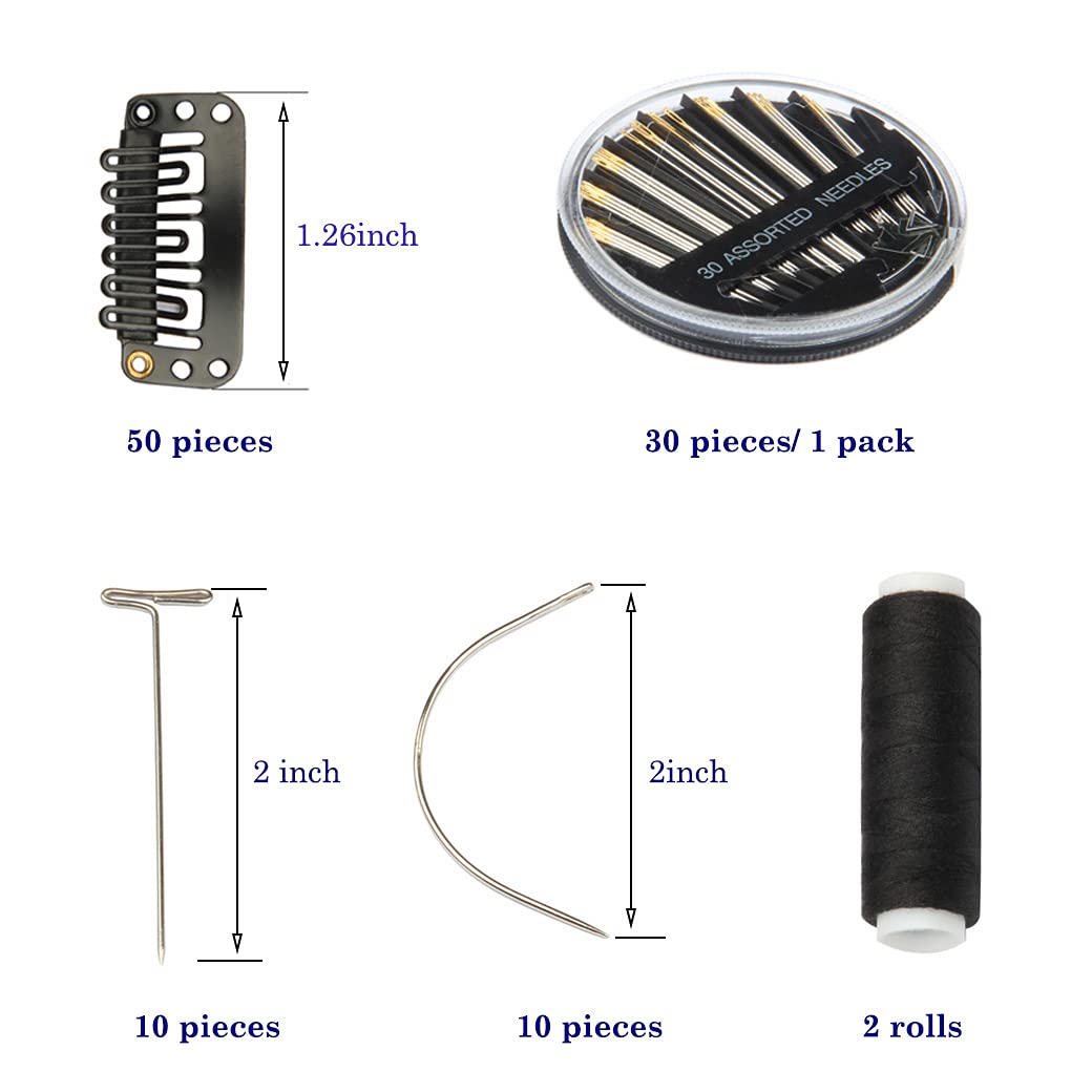 ZLCHE Juego de 102 pinzas para extensiones de cabello, incluye 50 clips de peluca en forma de U, 10 agujas curvas, 10 pines en T, 2 rollos de hilo