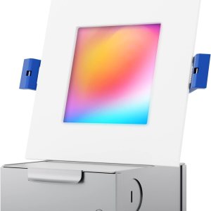 Luz LED inteligente empotrable delgada de 4 pulgadas, cuadrada, aplicación WiFi y control de voz, 120 V, 9 W, 600 LM, RGB + 2700K-6000K, Luz LED inteligente empotrable delgada de 4 pulgadas, cuadrada, aplicación WiFi y control de voz, 120 V, 9 W, 600 LM, RGB + 2700K-6000K,