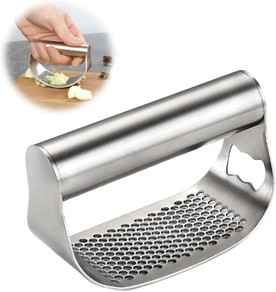 2024 New Stainless Steel Garlic Presser, Garlic Press Rocker Garlic Mincer Garlic Crusher with Peeler and Cleaning Brush, Garlic Chopper for Smash