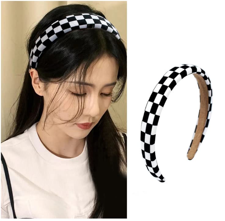 Duehut Diademas de tablero de ajedrez en blanco y negro, diadema acolchada a cuadros para mujeres y niñas, accesorios para el cabello para fiestas