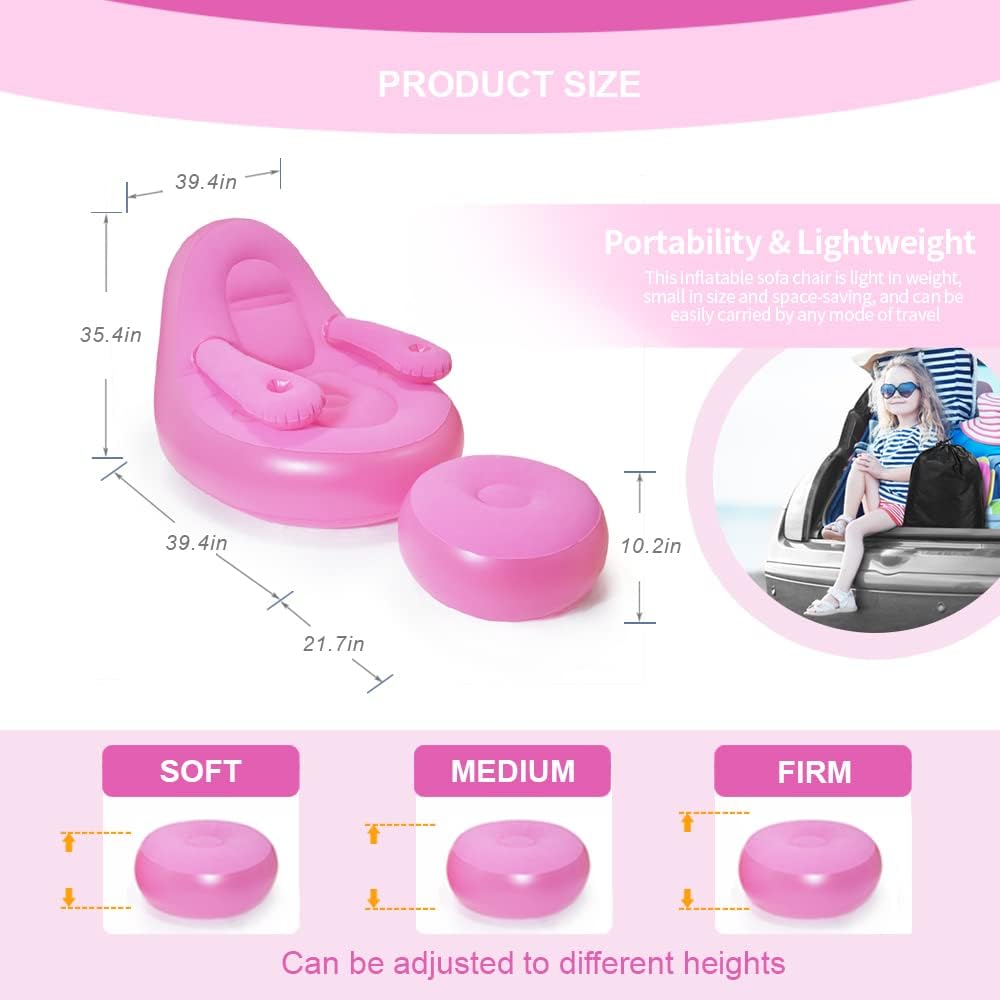 Nevife Sillón inflable con otomana y portavasos, sofá inflable portátil, tumbona de aire, sofá perezoso para camping, juegos, almuerzo, jardín,