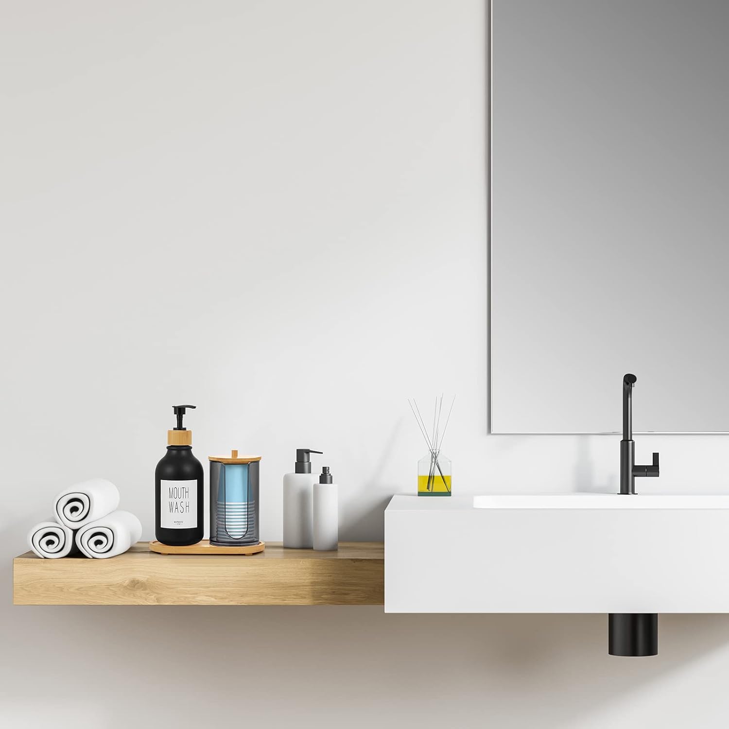 VITVITI Dispensador de enjuague bucal para baño, botella con bomba de lavado bucal con soporte para vasos de papel, contenedor de enjuague bucal