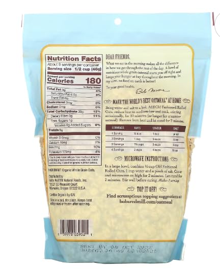 Bobs Red Mill Organic Old Fashoned Rolled Avena integral de grano entero, la mejor fuente de fibra de avena del mundo, peso neto, 16 oz (1 libra),