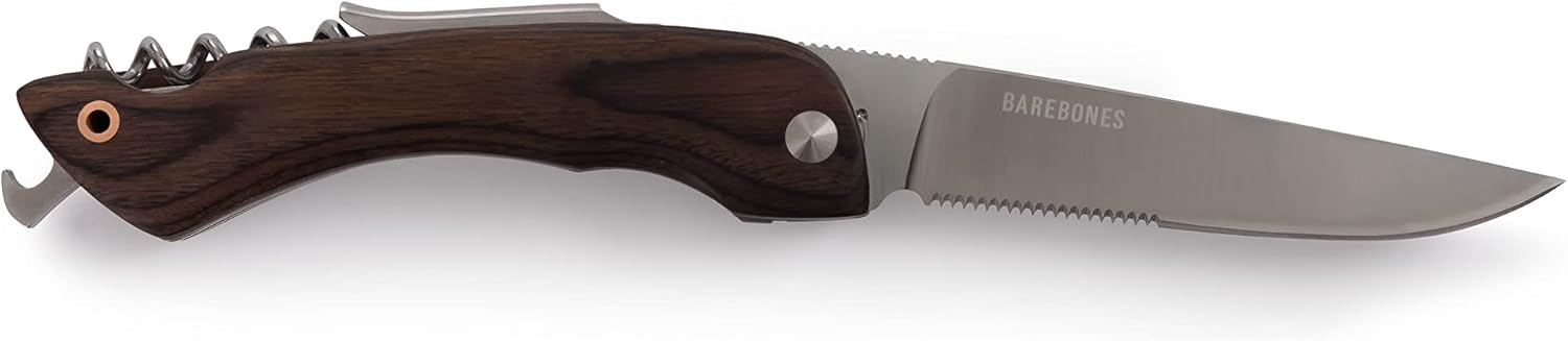 Barebones Provisions – Cuchillo de sacacorchos, versátil cuchillo multiherramienta plegable de 4 pulgadas, hoja con abridor de vino y llave, y mango