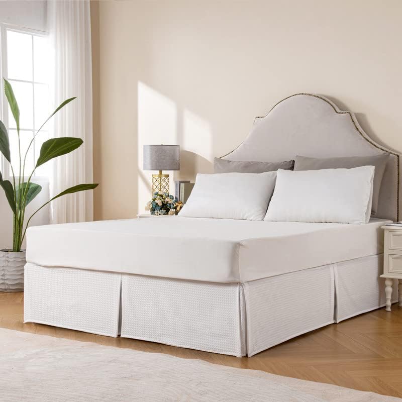 Falda de cama plisada con tejido de gofre, volantes de polvo a medida de 22 pulgadas, caída de fácil ajuste, lavable a máquina (blanco, matrimonial,