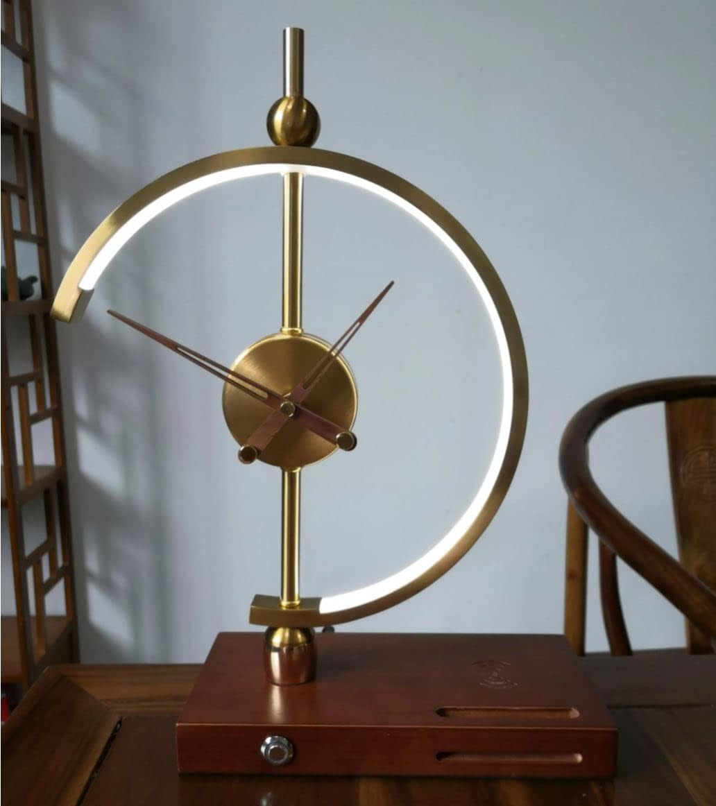 Reloj ‘Golden Time’  Lámpara de mesa  Qi inalámbrico y cargador USB para el hogar, oficina y hotel, reloj analógico dorado con manecillas de madera,