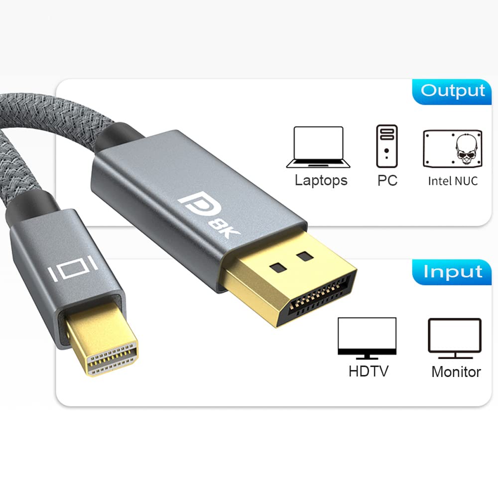 Cable Mini DisplayPort a Displayport 1.4 de 8K de 10 pies, cable Thunderbolt a DP 8K 60Hz 4K a 144Hz Thunderbolt 2 (video de salida) compatible con