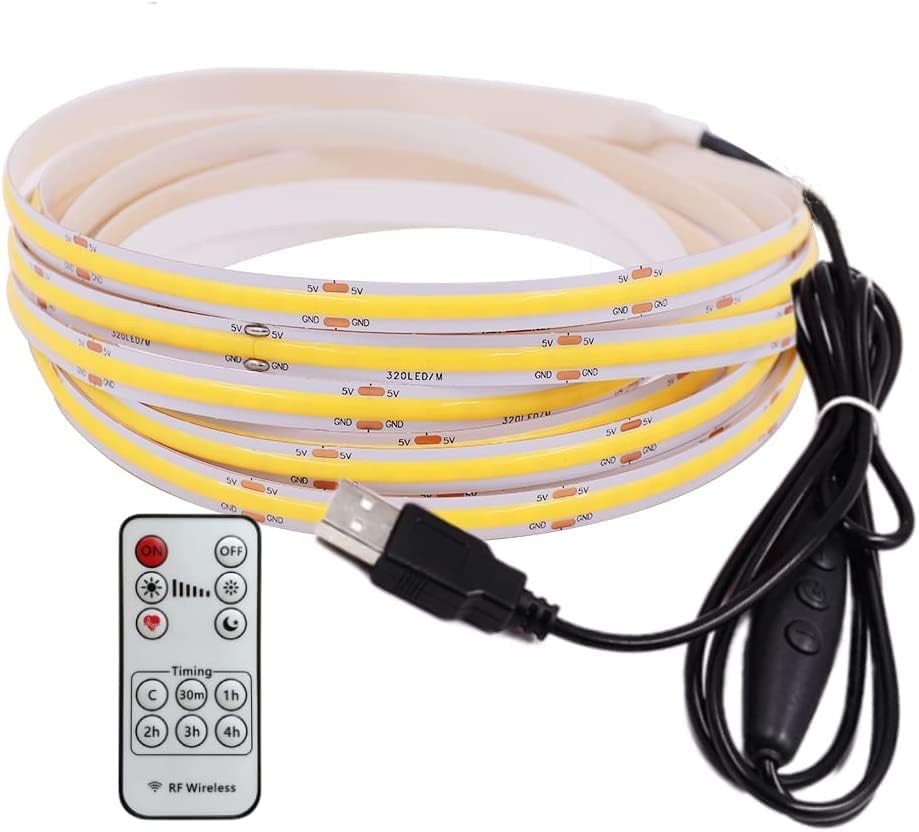 XUNATA Tira LED COB de 13.1 pies13.1 ft, USB 5 V 320 LEDsM, tira LED flexible regulable de 6500 K, luz diurna blanca, banda LED COB, no impermeable,