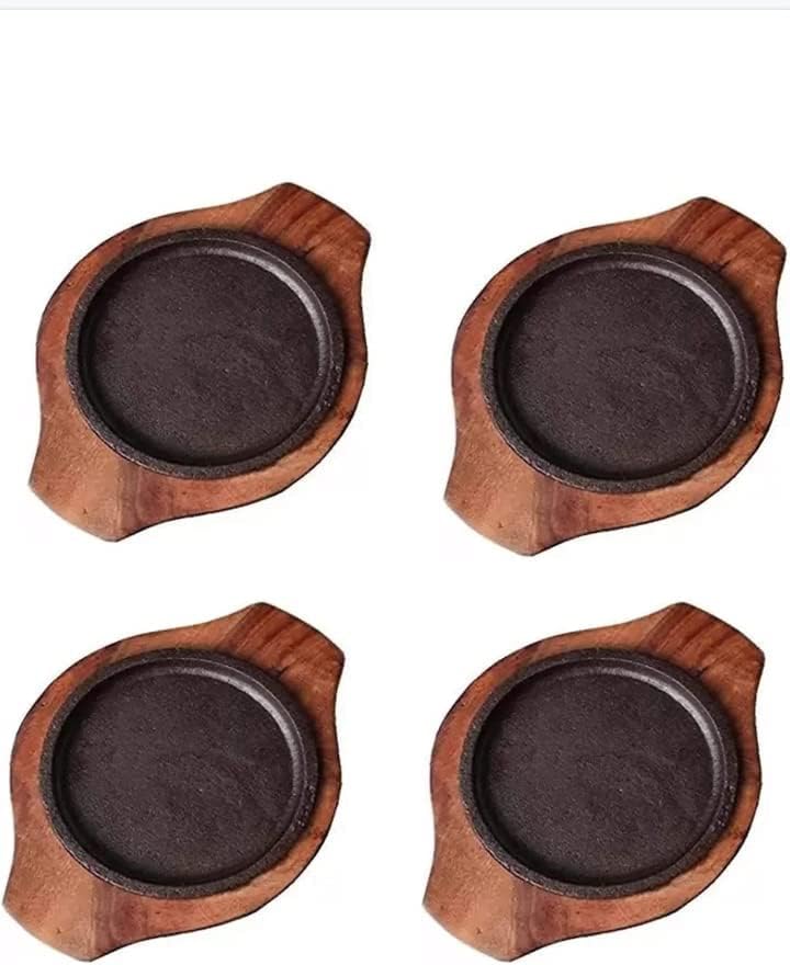 Zifron Wood Store Plato pequeño para servir postre Brownie Sizzler bandeja con base de madera, 5 pulgadas (4 piezas)