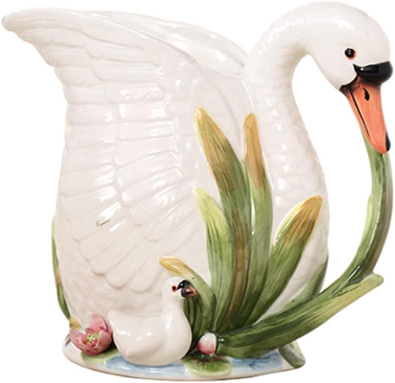 FORLONG Jarra de cerámica para agua, diseño de cisne blanco pintado a mano, soporte para ramo de decoración del hogar, 8 pulgadas de alto