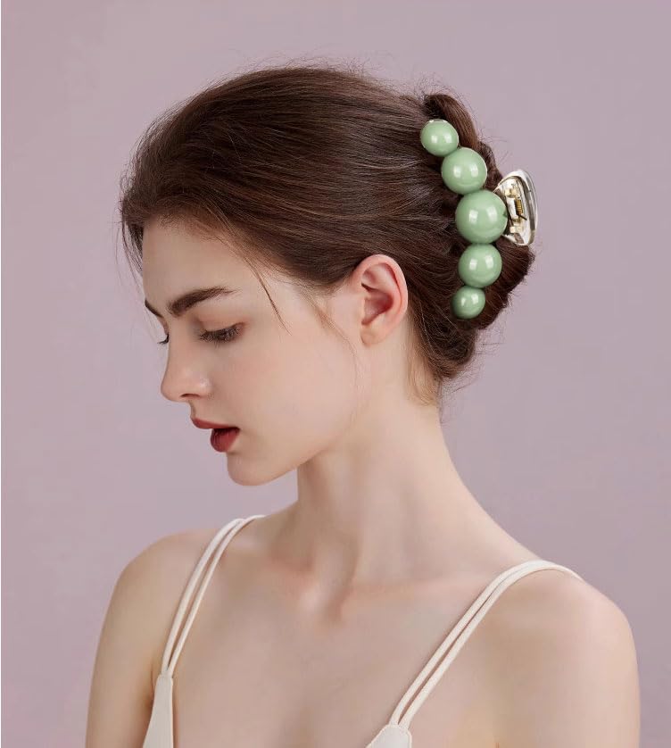 3 pinzas para el cabello con perlas verdes, pinzas de resina acrílica, lindas pinzas para el cabello medianas y pequeñas, pinzas antideslizantes