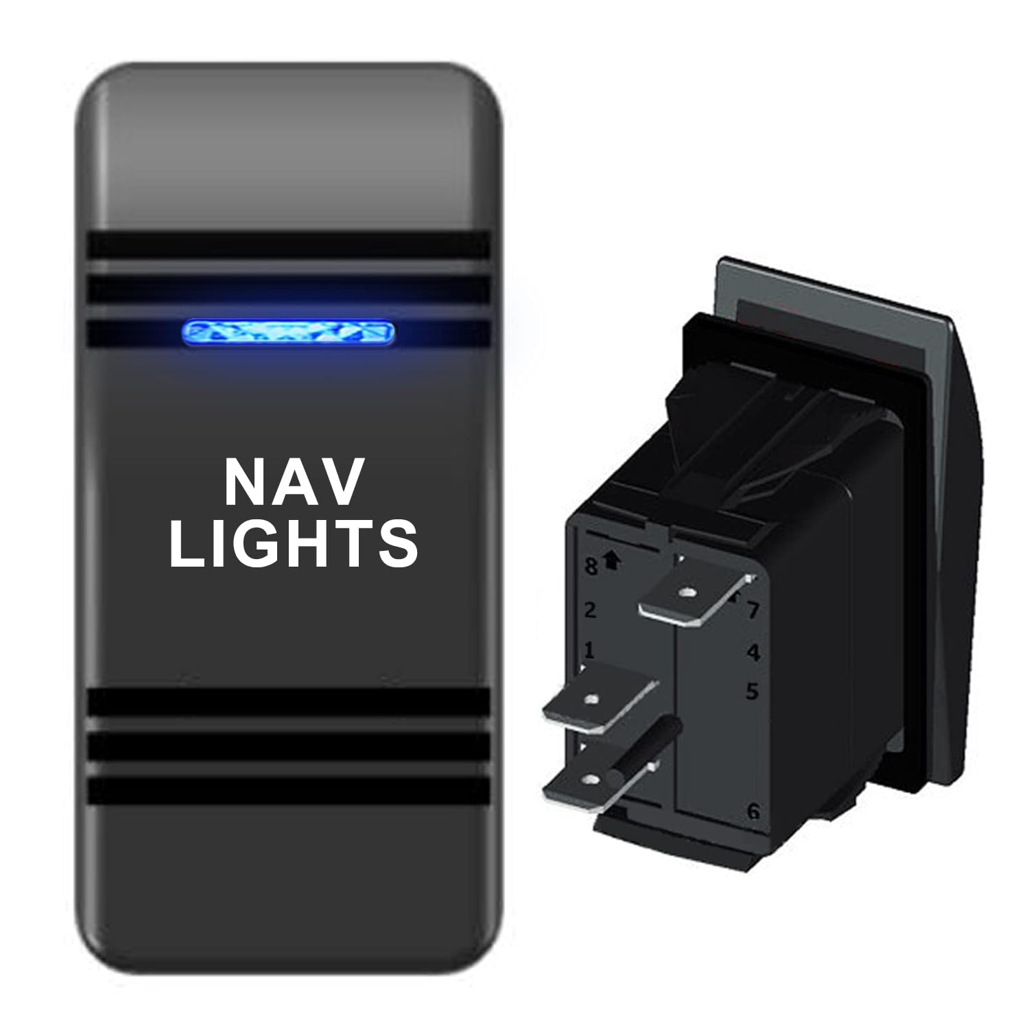 Cubierta de interruptor basculante con texto “NAV Lights”, negro con lente azul. Contura III, se adapta a Car-ling, Cole Hersee, Blue seas,Contura