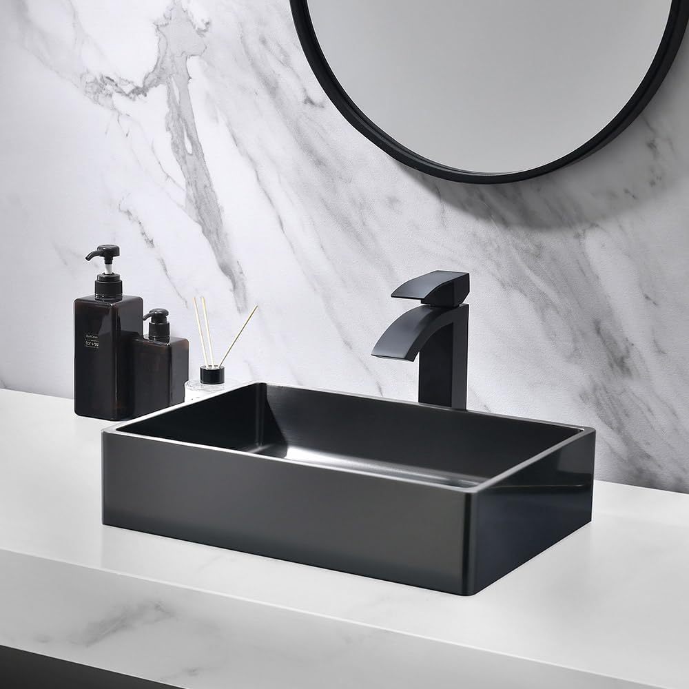 Fregadero de baño negro de 16 x 12 pulgadas, fregadero rectangular sobre mostrador para baño, fregadero de acero inoxidable negro calibre 16 con