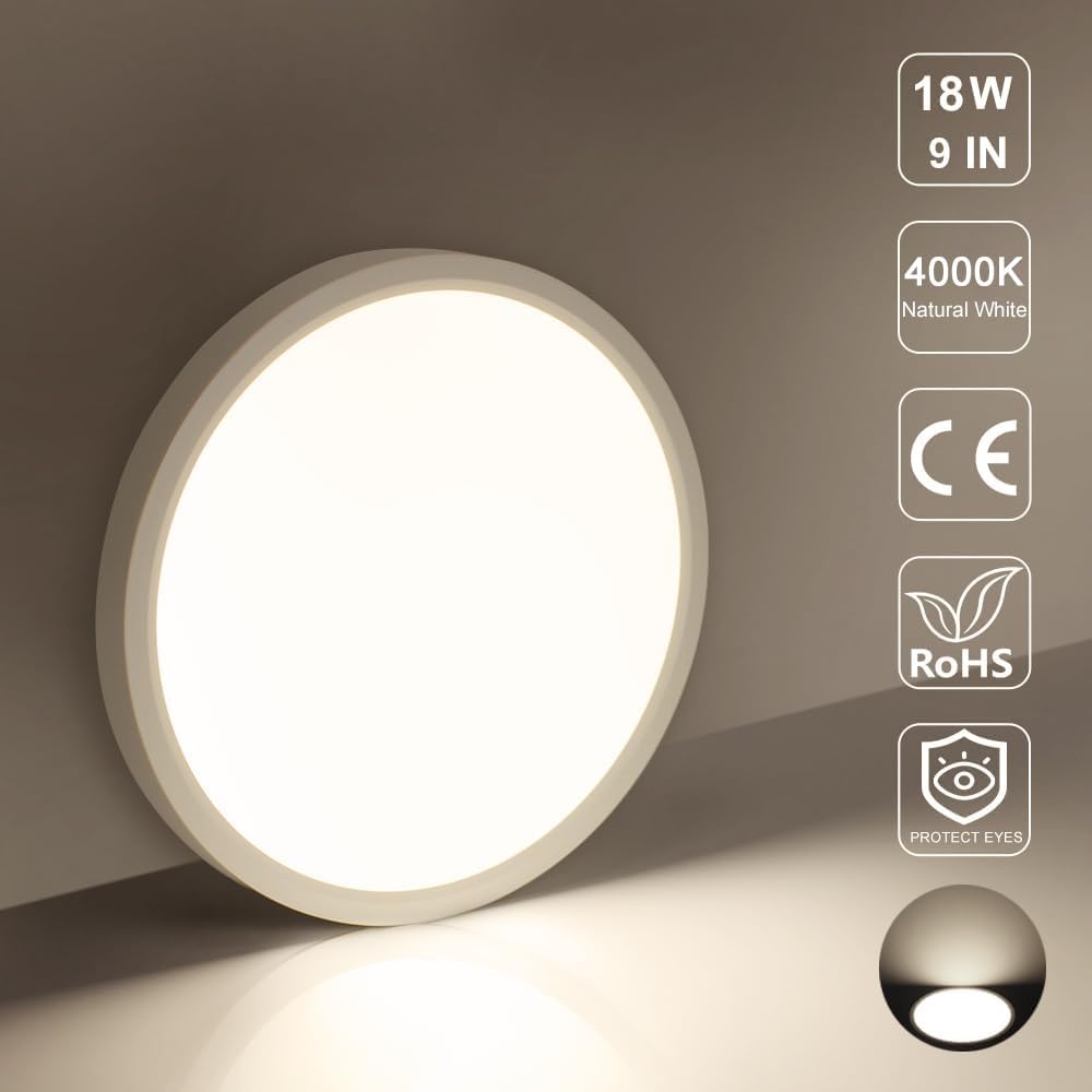 LightingWill Lámpara de techo LED de montaje empotrado de 8.9 pulgadas, 4000K Nurture White, 1800LM, 18W, accesorio de iluminación redondo moderno