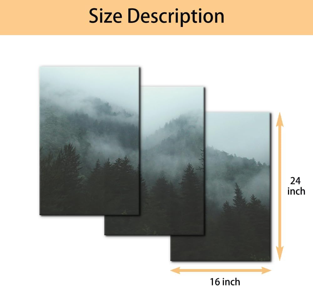 3 paneles de bosque de montaña en niebla, pintura para decoración del hogar para lienzo impreso, paisajes naturales, cuadros artísticos de pared